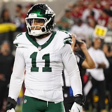 Sep 9, 2024; Santa Clara, California, USA; New York Jets linebacker Jermaine Johnson (11) waits for play to resume during the fourth quarter against the San Francisco 49ers at Levi's Stadium. 