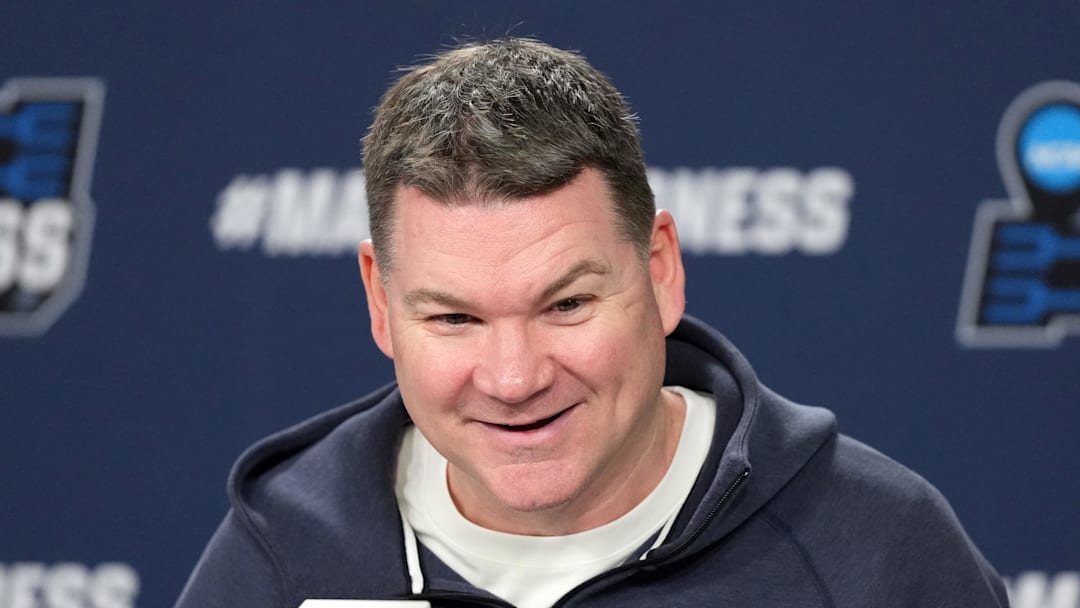 Mar 19, 2026; San Diego, CA, USA; Arizona Wildcats head coach Tommy Lloyd during a press conference ahead of the first round of the men's 2026 NCAA Tournament at Viejas Arena. Mandatory Credit: Kirby Lee-Imagn Images