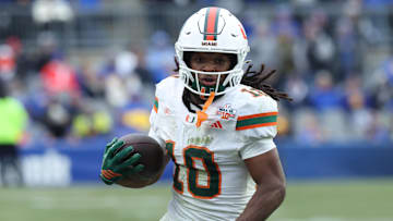 Nov 29, 2025; Pittsburgh, Pennsylvania, USA;  Miami Hurricanes wide receiver Malachi Toney (10) runs against the Pittsburgh Panthers during the third quarter at Acrisure Stadium. Mandatory Credit: Charles LeClaire-Imagn Images