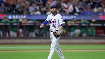 Aug 13, 2024; New York City, New York, USA; New York Mets starting pitcher Paul Blackburn (58) reacts during the fourth inning against the Oakland Athletics at Citi Field. Mandatory Credit: Brad Penner-Imagn Images