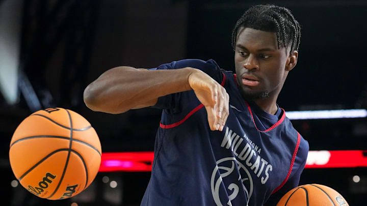 Arizona Wildcats guard Dwayne Aristode (2) practices ahead of a Final Four game on Friday, April 3, 2026, at Lucas Oil Stadium in Indianapolis.
