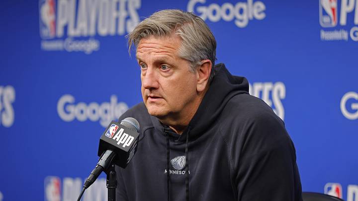 May 10, 2026; Minneapolis, Minnesota, USA; Minnesota Timberwolves head coach Chris Finch speaks to the media before game four of the second round of the 2026 NBA Playoffs against the San Antonio Spurs at Target Center. Mandatory Credit: Bruce Kluckhohn-Imagn Images