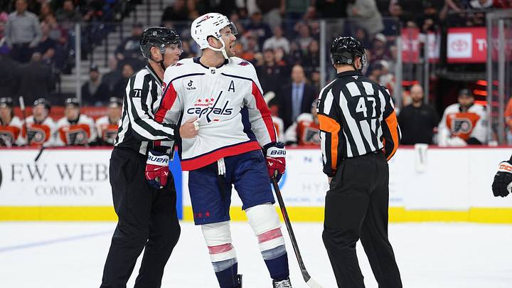Mar 11, 2026; Philadelphia, Pennsylvania, USA; Washington Capitals right wing Tom Wilson (43) reacts against the Philadelphia Flyers in the third period at Xfinity Mobile Arena. Mandatory Credit: Kyle Ross-Imagn Images