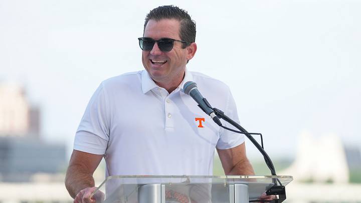 University of Tennessee athletic director Danny White speaks at the groundbreaking of the 865 Neyland entertainment district before a Tennessee football game against Kennesaw State at Neyland Stadium in Knoxville, Tenn., on Sept. 19. 2026.