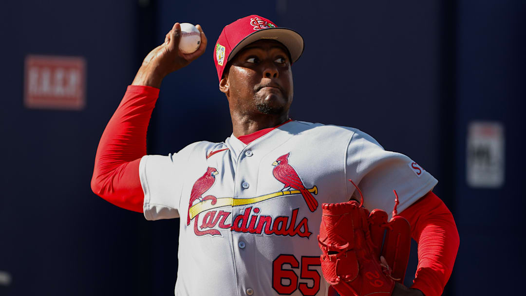 Feb 14, 2026; Jupiter, FL, USA; St. Louis Cardinals pitcher George Soriano (65) delivers a pitch during a spring training workout at Roger Dean Chevrolet Stadium. Mandatory Credit: Sam Navarro-Imagn Images