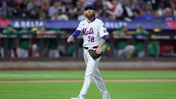 Aug 13, 2024; New York City, New York, USA; New York Mets starting pitcher Paul Blackburn (58) reacts during the fourth inning against the Oakland Athletics at Citi Field. Mandatory Credit: Brad Penner-Imagn Images