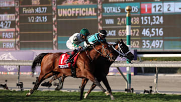 Nov 4, 2023; Santa Anita, CA, USA; Nobals (7), with jockey Gerardo Corrales up, beats Big Invasion (1) with jockey Joel Rosario up to win the BREEDERS' CUP TURF SPRINT during the 2023 Breeders' Cup World Championships at Santa Anita Park. Mandatory Credit: Kiyoshi Mio-Imagn Images