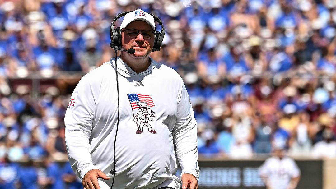 Texas A&M Aggies head coach Mike Elko walks onto the field against Arizona State Sun Devils at Kyle Field. Texas A&M Aggies head coach Mike Elko walks onto the field against Arizona State Sun Devils at Kyle Field.