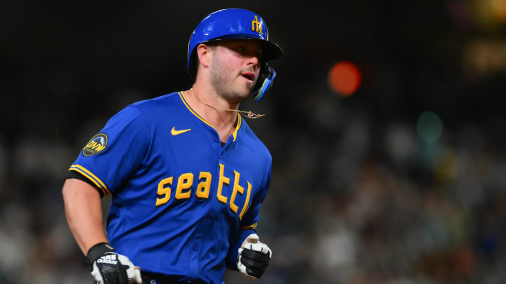 May 31, 2024; Seattle, Washington, USA; Seattle Mariners first baseman Ty France (23) jogs around the bases after hitting a home run against the Los Angeles Angels during the eighth inning at T-Mobile Park.