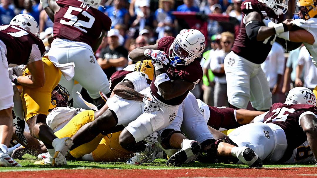 Sep 12, 2026; College Station, Texas, USA;  Texas A&M Aggies running back Rueben Owens II (4) scores a touchdown during the first quarter against Arizona State Sun Devils at Kyle Field. Mandatory Credit: Maria Lysaker-Imagn Images