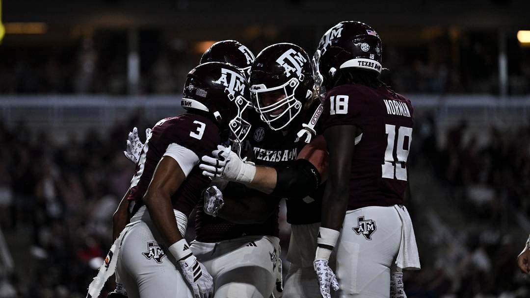 Texas A&M Aggies wide receiver Aaron Gregory (3) celebrates with teammates after scoring a touchdown during the fourth quarter against the Missouri State Bears at Kyle Field. Texas A&M Aggies wide receiver Aaron Gregory (3) celebrates with teammates after scoring a touchdown during the fourth quarter against the Missouri State Bears at Kyle Field.