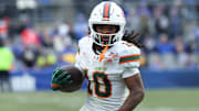 Nov 29, 2025; Pittsburgh, Pennsylvania, USA;  Miami Hurricanes wide receiver Malachi Toney (10) runs against the Pittsburgh Panthers during the third quarter at Acrisure Stadium. Mandatory Credit: Charles LeClaire-Imagn Images