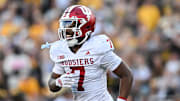 Sep 27, 2025; Iowa City, Iowa, USA; Indiana Hoosiers defensive back Louis Moore (7) reacts late during the game against the Iowa Hawkeyes at Kinnick Stadium. Mandatory Credit: Jeffrey Becker-Imagn Images