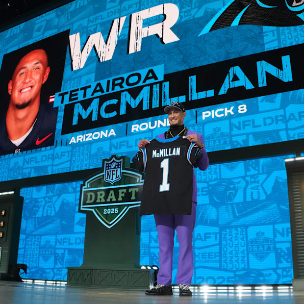 Apr 24, 2025; Green Bay, WI, USA; Arizona Wildcats wide receiver Tetairoa McMillan is selected by the Carolina Panthers as th