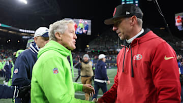 San Francisco 49ers head coach Kyle Shanahan (R) and Seattle Seahawks head coach Pete Carroll (L)