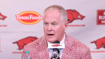 Dec 4, 2025; Fayetteville, AR, USA; Arkansas Razorbacks vice chancellor and director of athletics Hunter Yurachek speaks during the introductory press conference for head coach Ryan Silverfield (not pictured) at Frank Broyles Center. Mandatory  Credit: Nelson Chenault-Imagn Images