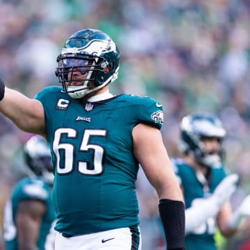 Philadelphia Eagles offensive tackle Lane Johnson (65) reacts against the Arizona Cardinals at Lincoln Financial Field. 