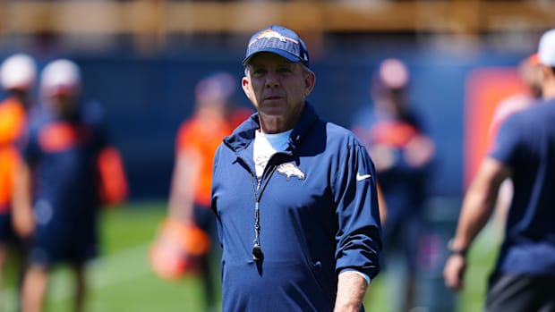 May 10, 2025; Englewood, CO, USA; Denver Broncos head coach Sean Payton during rookie minicamp at Broncos Park Powered by Com