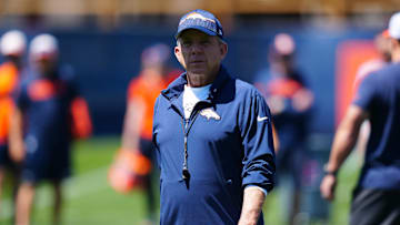 May 10, 2025; Englewood, CO, USA; Denver Broncos head coach Sean Payton during rookie minicamp at Broncos Park Powered by CommonSpirit. Mandatory Credit: Ron Chenoy-Imagn Images