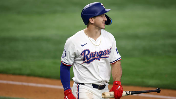 Jul 25, 2024; Arlington, Texas, USA; Texas Rangers left fielder Wyatt Langford (36) reacts after lining out in the fifth inning against the Chicago White Sox at Globe Life Field. Mandatory Credit: Tim Heitman-USA TODAY Sports