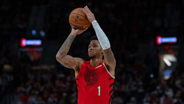 Oct 23, 2024; Portland, Oregon, USA; Portland Trailblazers shooting guard Anfernee Simons (1) shoots the ball against the Golden State Warriors at Moda Center. Mandatory Credit: Stephen Brashear-Imagn Images