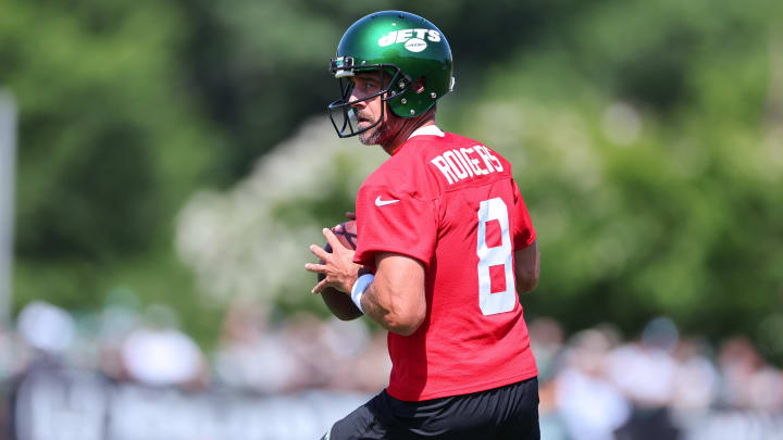 Jul 22, 2023; Florham Park, NJ, USA; New York Jets quarterback Aaron Rodgers (8) throws the ball during the New York Jets Training Camp at Atlantic Health Jets Training Center.