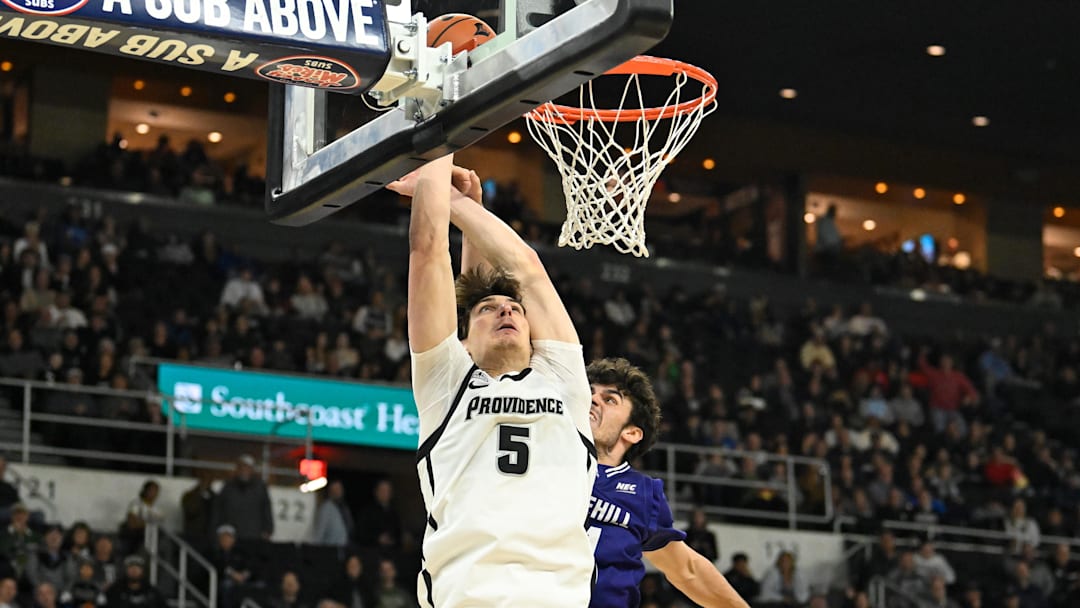 Nov 9, 2024; Providence, Rhode Island, USA; Providence Friars center Anton Bonke (5) shoots against the Stonehill Skyhawks during the first half at Amica Mutual Pavilion. Mandatory Credit: Eric Canha-Imagn Images Nov 9, 2024; Providence, Rhode Island, USA; Providence Friars center Anton Bonke (5) shoots against the Stonehill Skyhawks during the first half at Amica Mutual Pavilion. Mandatory Credit: Eric Canha-Imagn Images