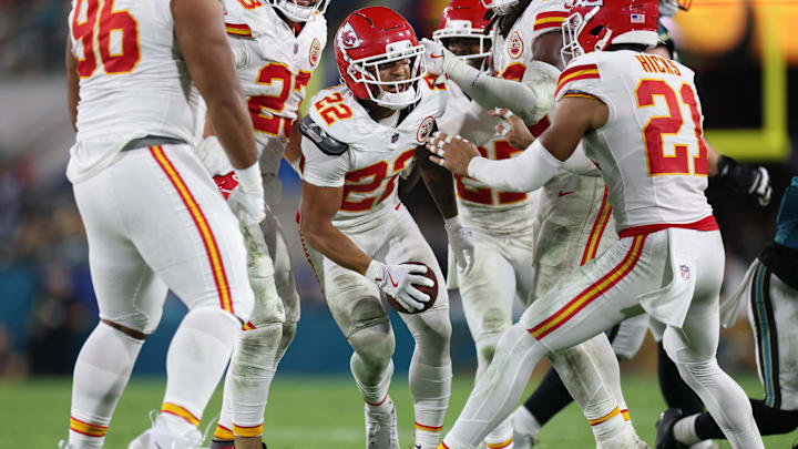 Oct 6, 2025; Jacksonville, Florida, USA; Kansas City Chiefs cornerback Trent McDuffie (22) celebrates after an interception during the second half against the Jacksonville Jaguars at EverBank Stadium. Mandatory Credit: Nathan Ray Seebeck-Imagn Images