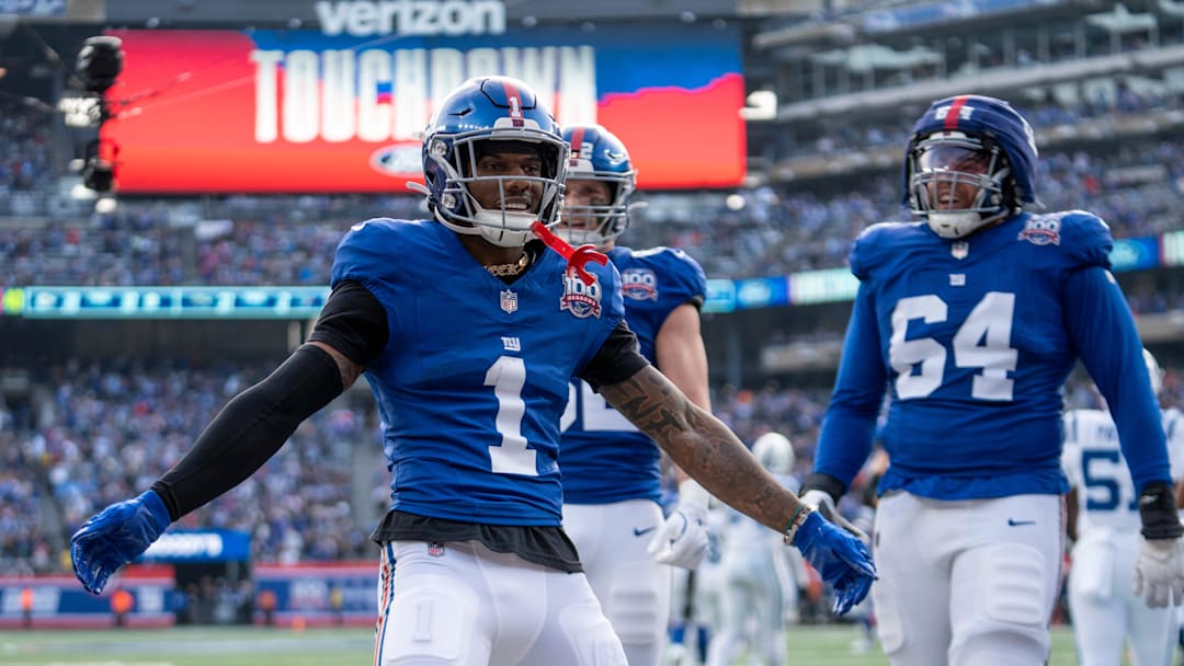 New York Giants wide receiver Malik Nabers (1) celebrates with his teammates after scoring a touchdown during a game between New York Giants and Indianapolis Colts at MetLife Stadium on Sunday, Dec. 29, 2024. New York Giants wide receiver Malik Nabers (1) celebrates with his teammates after scoring a touchdown during a game between New York Giants and Indianapolis Colts at MetLife Stadium on Sunday, Dec. 29, 2024.