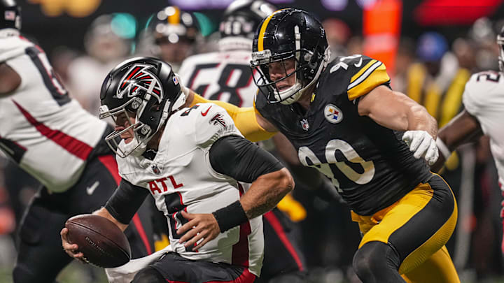 Aug 24, 2023; Atlanta, Georgia, USA; Pittsburgh Steelers linebacker T.J. Watt (90) sacks Atlanta Falcons quarterback Taylor Heinicke (4) during the first quarter at Mercedes-Benz Stadium. Mandatory Credit: Dale Zanine-Imagn Images Aug 24, 2023; Atlanta, Georgia, USA; Pittsburgh Steelers linebacker T.J. Watt (90) sacks Atlanta Falcons quarterback Taylor Heinicke (4) during the first quarter at Mercedes-Benz Stadium. Mandatory Credit: Dale Zanine-Imagn Images