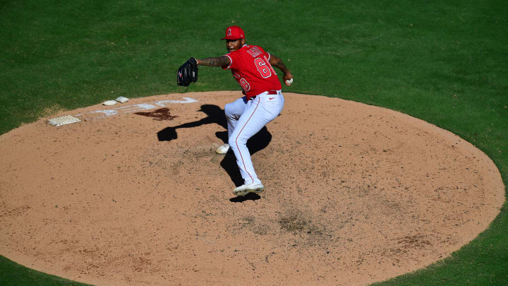 Sep 19, 2022; Anaheim, California, USA; Los Angeles Angels relief pitcher Jose Marte (68) throws