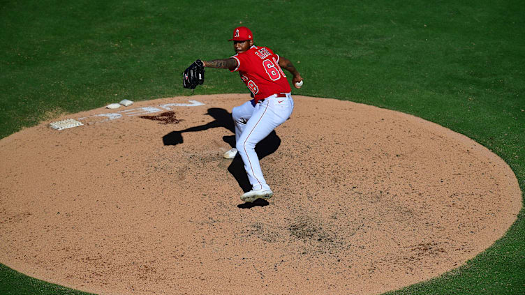 Sep 19, 2022; Anaheim, California, USA; Los Angeles Angels relief pitcher Jose Marte (68) throws