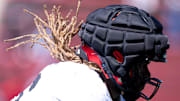 Cincinnati Bearcats offensive lineman Deondre Buford (56) runs a drill during the Cincinnati Bearcats football spring practice at Nippert Stadium on Saturday, April 12, 2025.