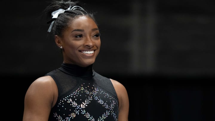 Simone Biles smiles during the 2023 U.S. Gymnastics Championships at SAP Center. 