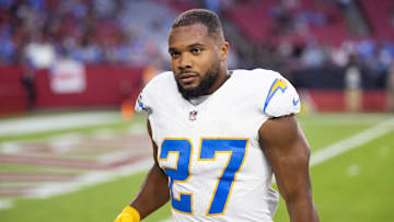 Oct 21, 2024; Glendale, Arizona, USA; Los Angeles Chargers running back J.K. Dobbins (27) against the Arizona Cardinals at State Farm Stadium. Mandatory Credit: Mark J. Rebilas-Imagn Images