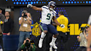 Nov 16, 2025; Inglewood, California, USA;  Seattle Seahawks running back Kenneth Walker III (9) celebrates a touchdown that was called back because of a penalty against the Los Angeles Rams at SoFi Stadium. Mandatory Credit: Jayne Kamin-Oncea-Imagn Images