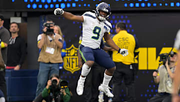 Nov 16, 2025; Inglewood, California, USA;  Seattle Seahawks running back Kenneth Walker III (9) celebrates a touchdown that was called back because of a penalty against the Los Angeles Rams at SoFi Stadium. Mandatory Credit: Jayne Kamin-Oncea-Imagn Images