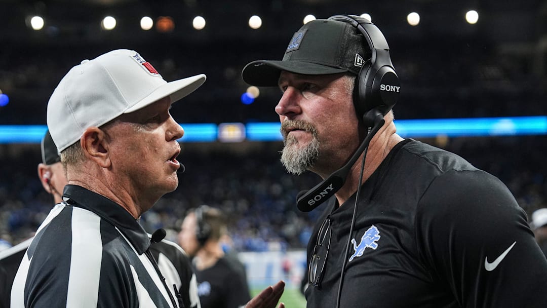 Detroit Lions head coach Dan Campbell talks to referee Carl Cheffers after 29-24 loss to Pittsburgh Steelers at Ford Field in Detroit on Sunday, Dec. 21, 2025.