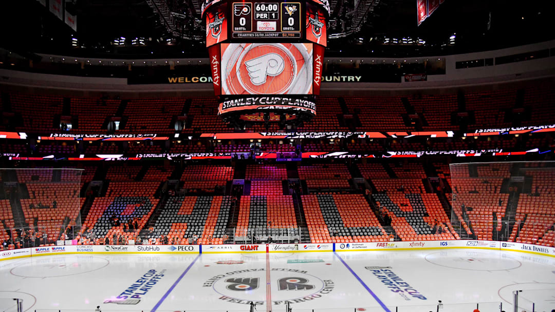 Apr 15, 2018; Philadelphia, PA, USA; A general view of the ice before game three of the first round of the 2018 Stanley Cup Playoffs between the Philadelphia Flyers and the Pittsburgh Penguins at Wells Fargo Center.