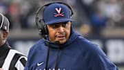 Nov 16, 2024; South Bend, Indiana, USA; Virginia Cavaliers head coach Tony Elliott watches in the second quarter against the Notre Dame Fighting Irish at Notre Dame Stadium. Mandatory Credit: Matt Cashore-Imagn Images