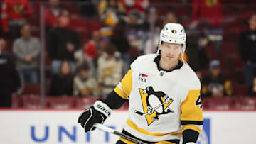 Apr 6, 2025; Chicago, Illinois, USA; Pittsburgh Penguins left wing Danton Heinen (43) warms up before a game against the Chicago Blackhawks at United Center. Mandatory Credit: Talia Sprague-Imagn Images