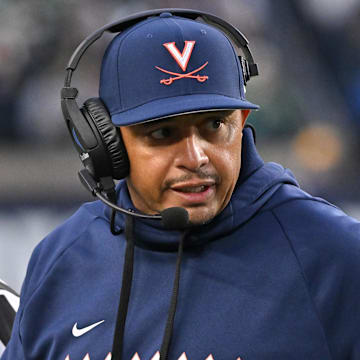 Nov 16, 2024; South Bend, Indiana, USA; Virginia Cavaliers head coach Tony Elliott watches in the second quarter against the Notre Dame Fighting Irish at Notre Dame Stadium. Mandatory Credit: Matt Cashore-Imagn Images