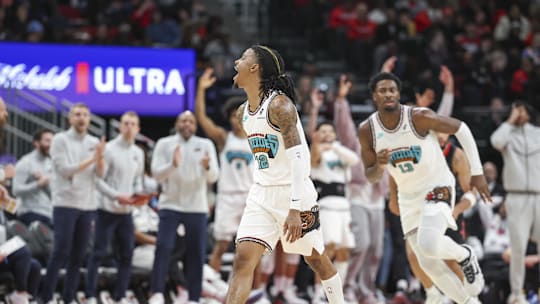 Jan 13, 2025; Houston, Texas, USA; Memphis Grizzlies guard Ja Morant (12) reacts after scoring during the second half against the Houston Rockets at Toyota Center. Mandatory Credit: Troy Taormina-Imagn Images