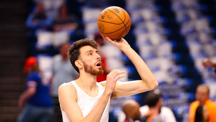 Oklahoma City Thunder forward Chet Holmgren (7) warms up before game three of the second round for the 2024 NBA playoffs against the Dallas Mavericks at American Airlines Center.