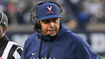 Nov 16, 2024; South Bend, Indiana, USA; Virginia Cavaliers head coach Tony Elliott watches in the second quarter against the Notre Dame Fighting Irish at Notre Dame Stadium. Mandatory Credit: Matt Cashore-Imagn Images