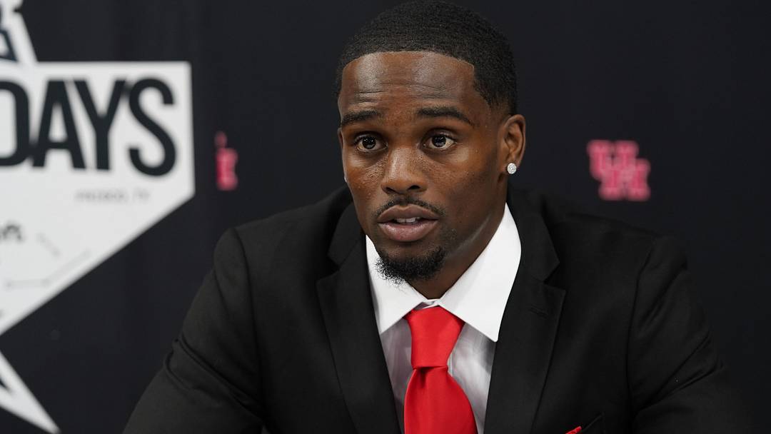 Jul 9, 2025; Frisco, TX, USA; Houston defensive back Latrell McCutchin Sr. speaks with the media during 2025 Big 12 Football Media Days at The Star. Mandatory Credit: Raymond Carlin III-Imagn Images