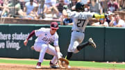 Jun 8, 2024; College Station, TX, USA; Texas A&M infielder Ted Burton (27) catches the ball for an out during the first inning against the Oregon at Olsen Field, Blue Bell Park.