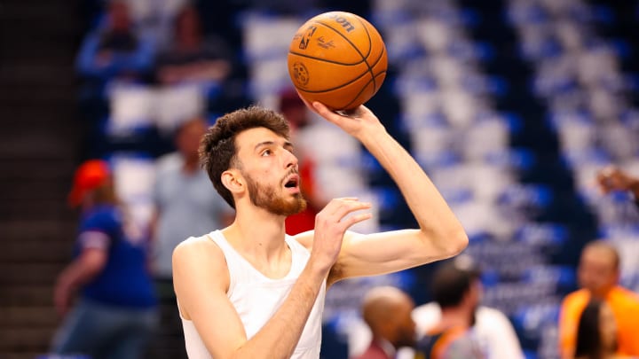 May 11, 2024; Dallas, Texas, USA; Oklahoma City Thunder forward Chet Holmgren (7) warms up before game three of the second round for the 2024 NBA playoffs against the Dallas Mavericks at American Airlines Center. Mandatory Credit: Kevin Jairaj-USA TODAY Sports