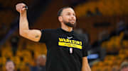 May 2, 2025; San Francisco, California, USA; Golden State Warriors guard Stephen Curry (30) stands on the court during warmups against the Houston Rockets before the start of game six of the first round for the 2025 NBA Playoffs at Chase Center. Mandatory Credit: Cary Edmondson-Imagn Images