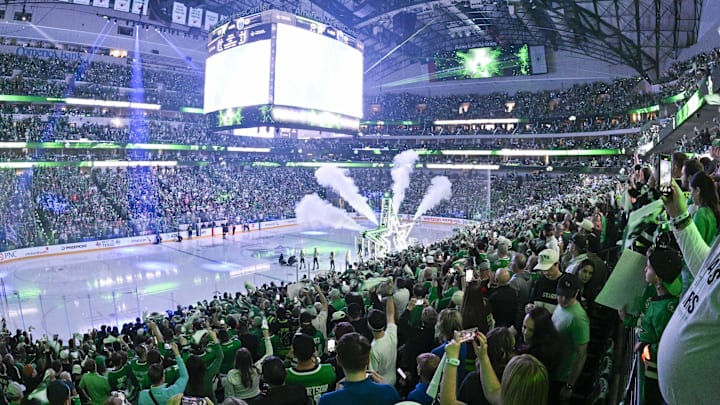 May 23, 2025; Dallas, Texas, USA; A view of the arena and fans and lasers before the game between the Dallas Stars and the Edmonton Oilers in  game two of the Western Conference Final of the 2025 Stanley Cup Playoffs at American Airlines Center. Mandatory Credit: Jerome Miron-Imagn Images